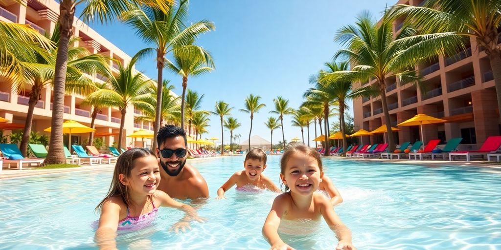 Family having fun at Riu Cabo poolside.