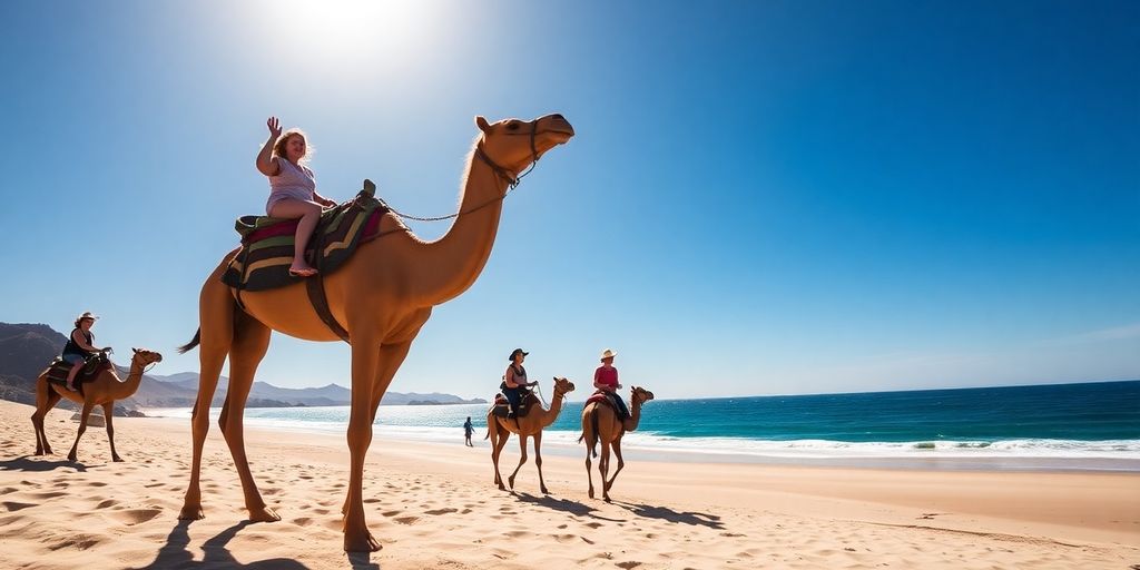 Tourists riding camels on a Cabo beach.