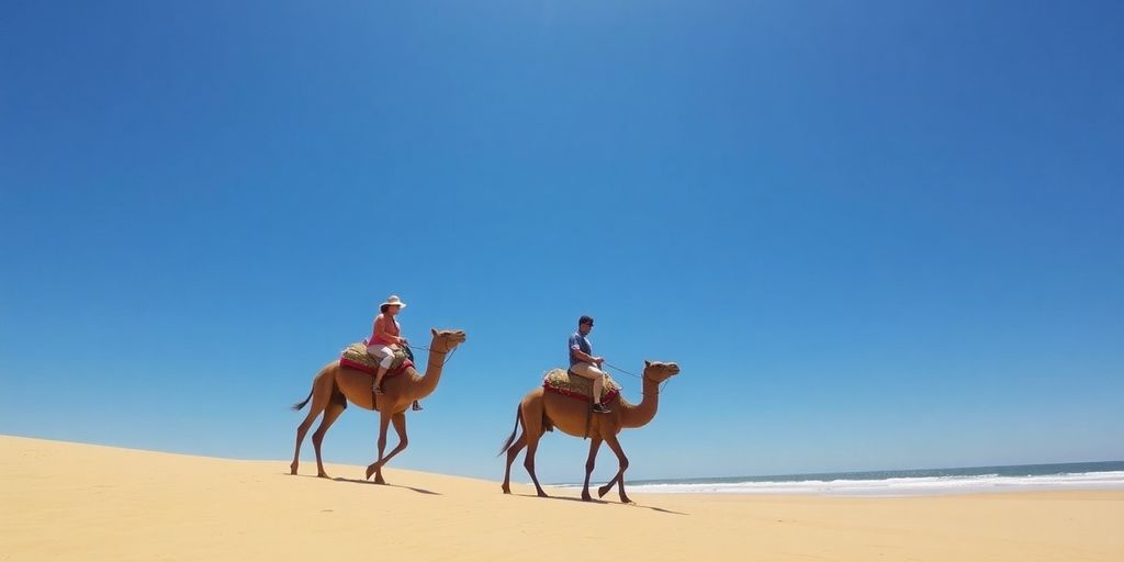 Camel riding on sandy beach in Cabo, sunlit scenery.