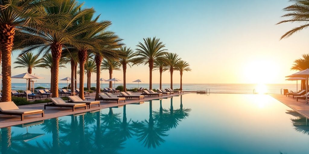 Luxury poolside at Nobu Hotel Cabo during sunset.