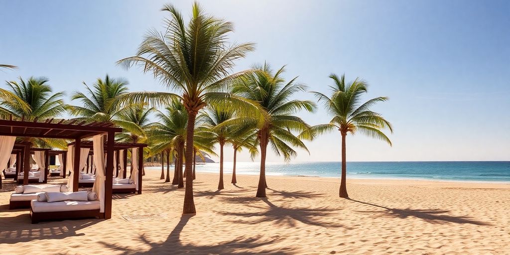 Beach view of Nobu Hotel Cabo with palm trees.