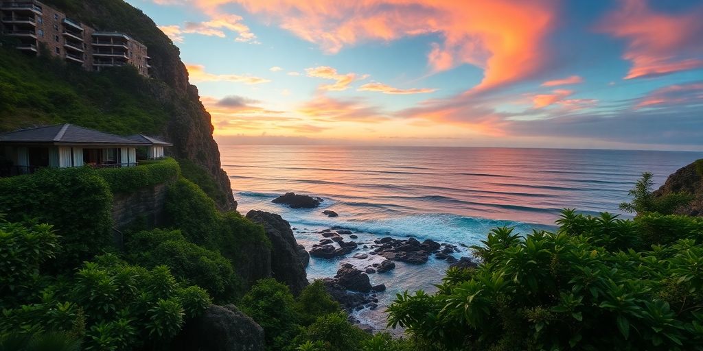 Cliffside resort with ocean view and vibrant sunset.