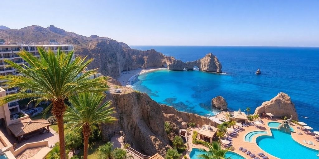 Cliffside view of Sandos Finisterra resort in Cabo.