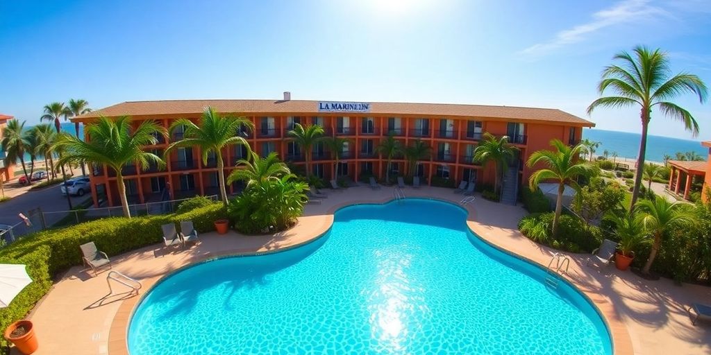Vibrant exterior of La Marina Inn in Cabo.
