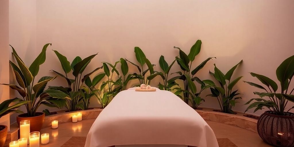 Relaxing spa area with massage table and candles.