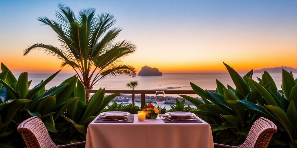Romantic dining table at sunset in Puerto Los Cabos.