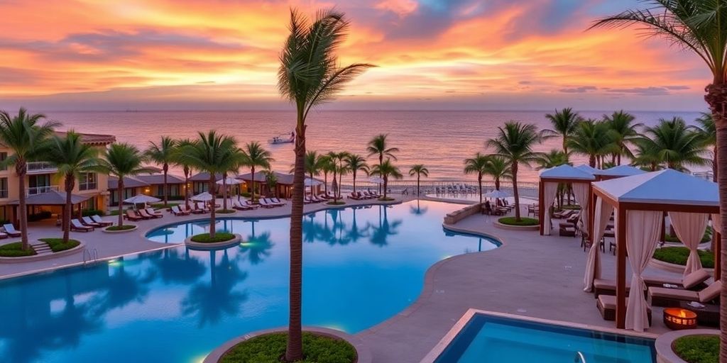 Adults-only resort with relaxing pools and palm trees.