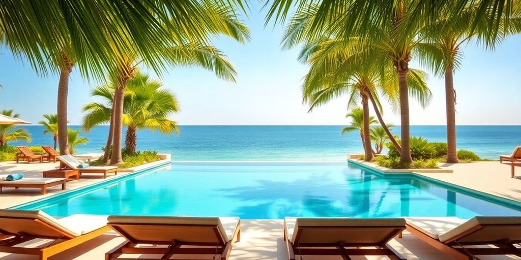 Luxurious poolside with palm trees and ocean view.