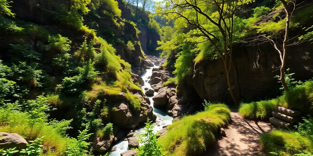 Scenic view of Fox Canyon with waterfall and greenery.