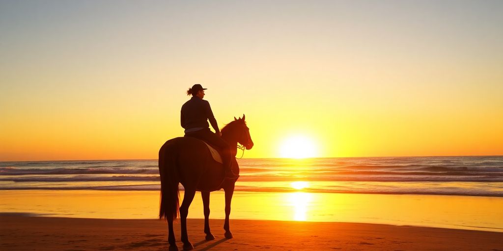 Horseback rider on the beach at sunset.