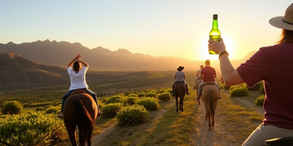Horseback riders in Cabo with tequila bottle at sunset.