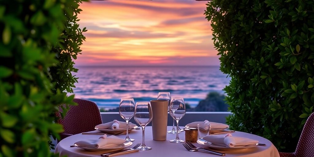 Elegant dining table overlooking the ocean at sunset.
