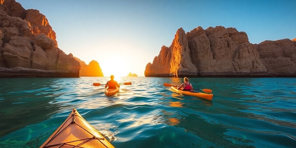 Kayakers in the Sea of Cortez at sunset.