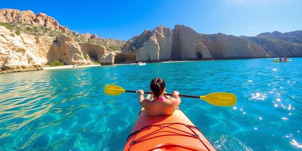 Kayaker paddling in Cabo's clear blue waters.