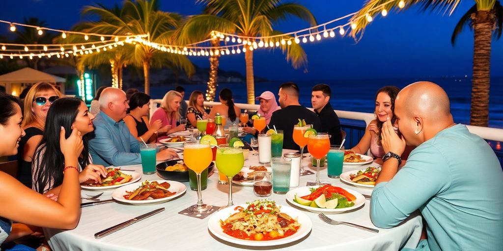 Vibrant dining scene with gourmet dishes and cocktails.