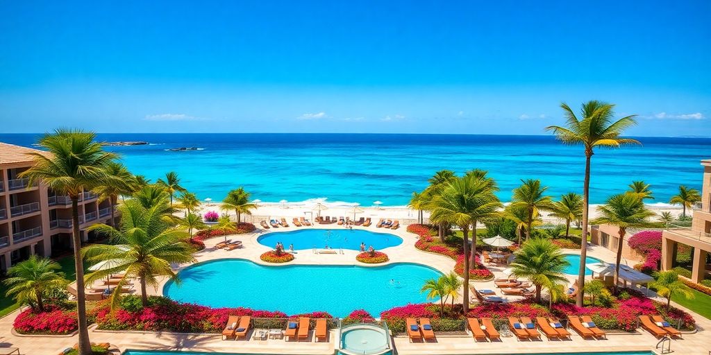 Luxurious resort pool in Cabo Mexico with palm trees.