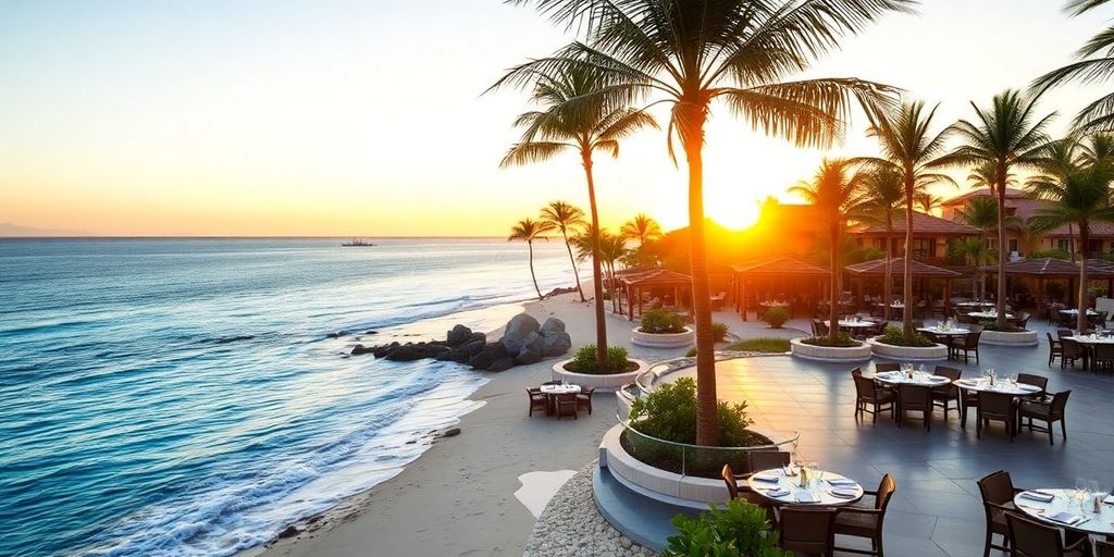 Seaside dining at Playa Grande Resort Cabo with sunset.