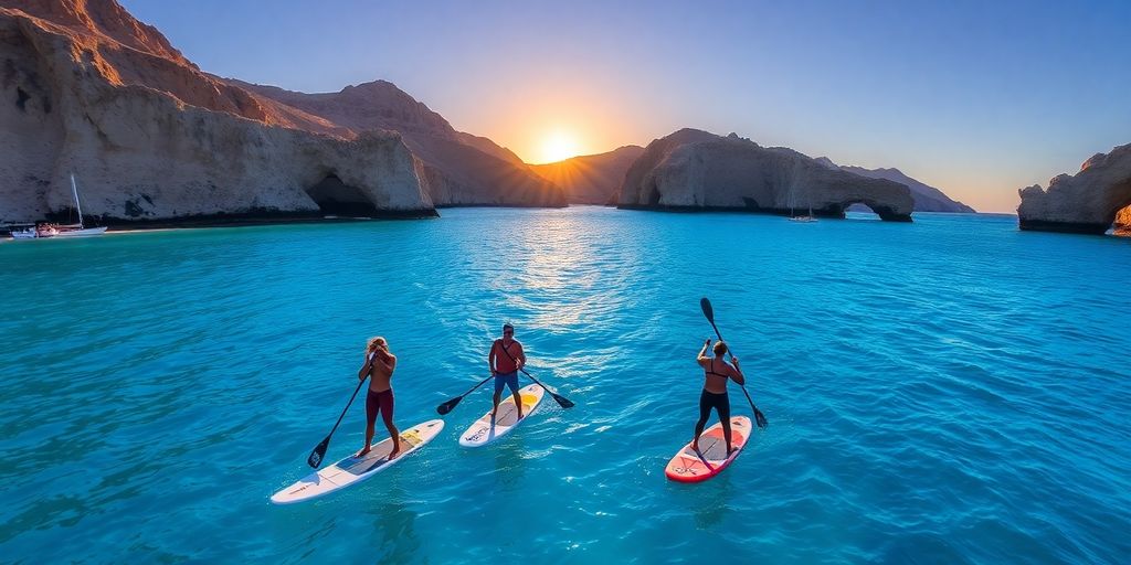 Paddleboarders on clear blue water in Cabo.