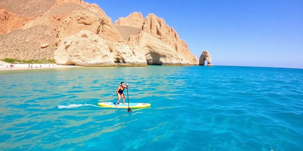 Paddleboarder on clear blue waters of Cabo.