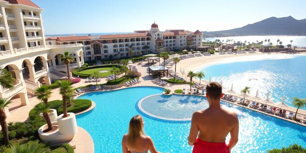 Hotel Riu Palace Baja California beach and pool view.