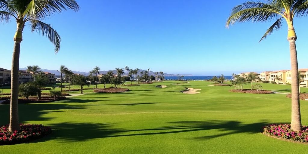 Lush golf course surrounded by palm trees and flowers.