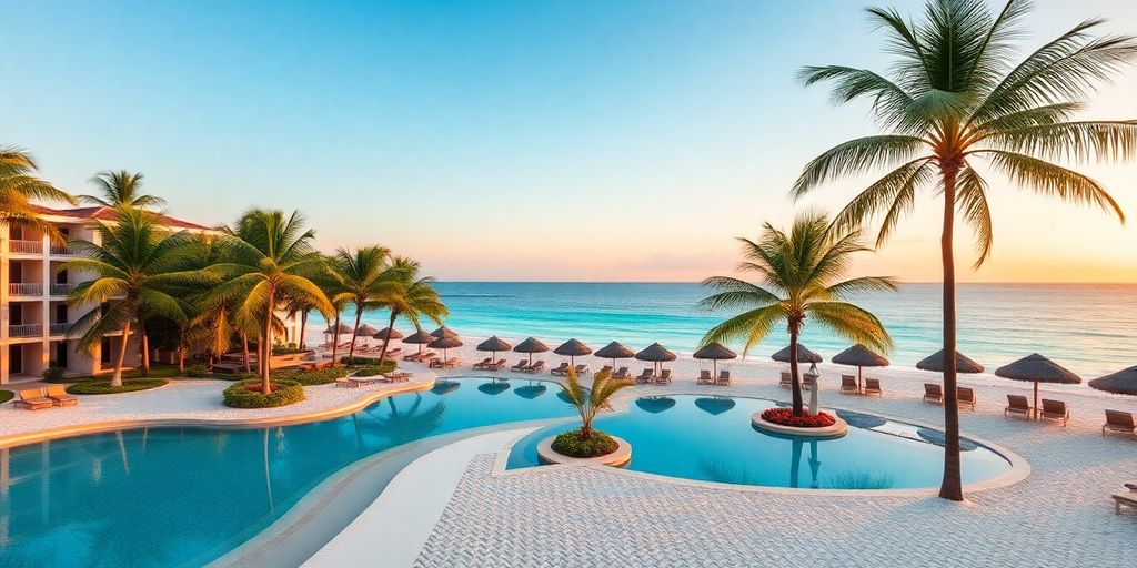 Luxurious beach resort with pools and palm trees.