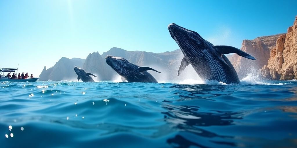 Whales breaching near a boat in Cabo.