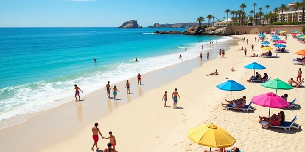 Families enjoying the beach at Riu Palace Cabo San Lucas.