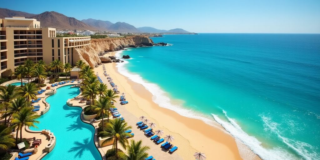 Hyatt Ziva Los Cabos beach and pool view.