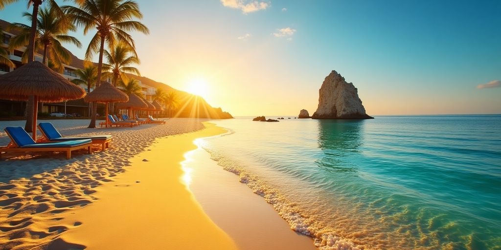 Scenic beach view in Cabo San Lucas at sunset.