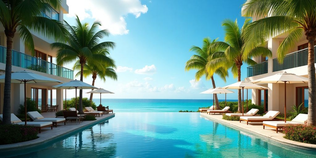 Luxury hotel by the ocean with tropical surroundings.