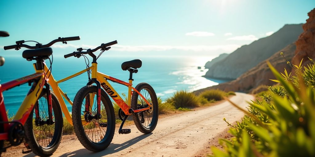 Colorful zip bikes on a coastal path in Cabo.