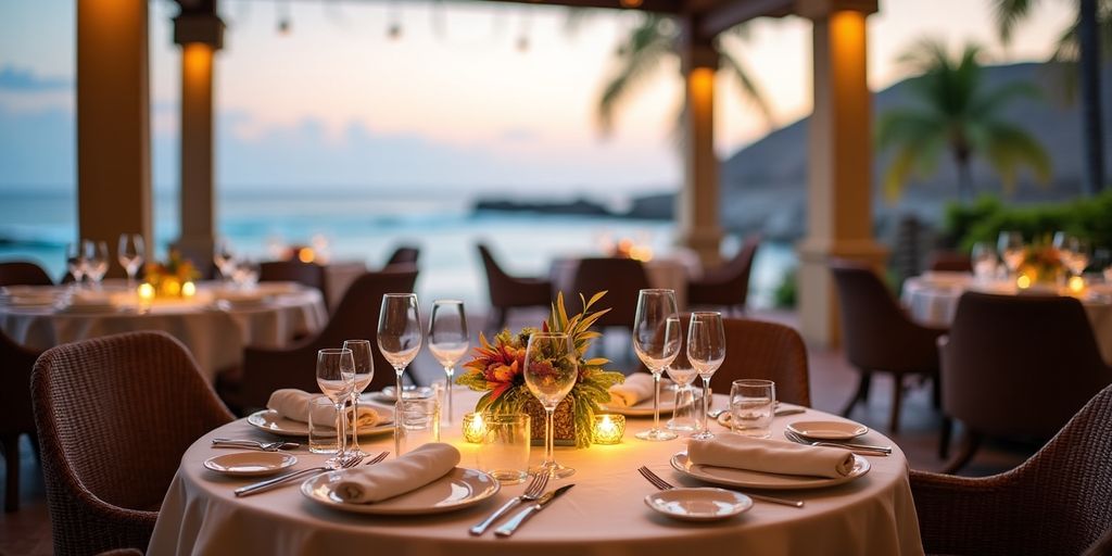 Elegant dining setup with ocean view at Dreams Resort Cabo.