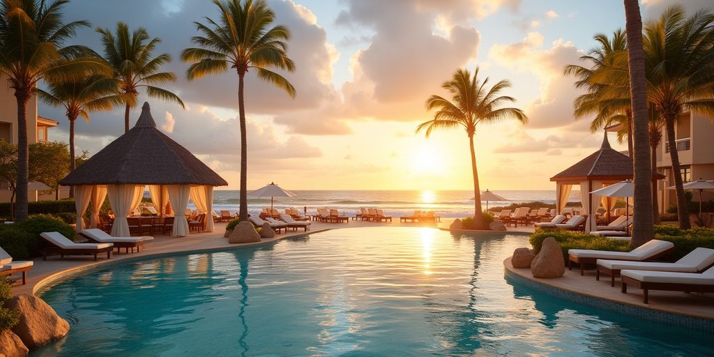 Beachfront view of Dreams Resort Cabo at sunset.