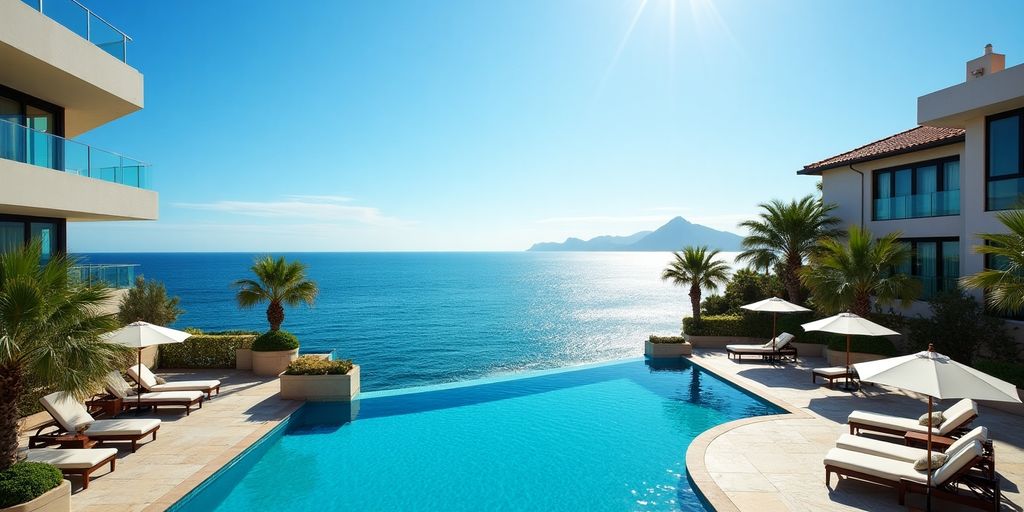 Luxury resort with ocean view and inviting pool area.