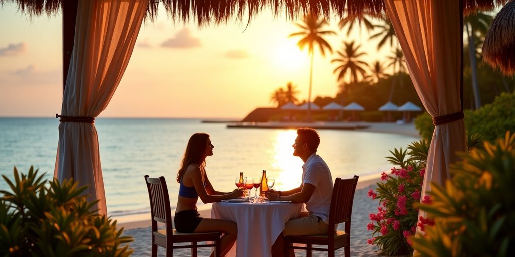 Elegant adults-only resort with beach cabanas and sunset views.