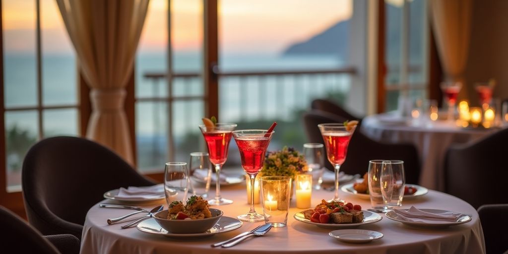 Elegant gourmet dining setup with craft cocktails at sunset.