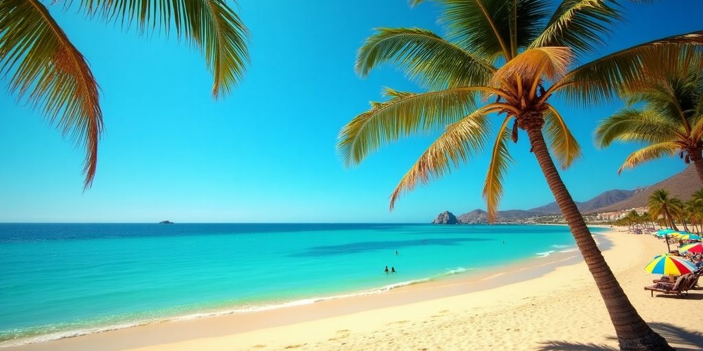 Tropical beach in Cabo San Lucas with clear waters.