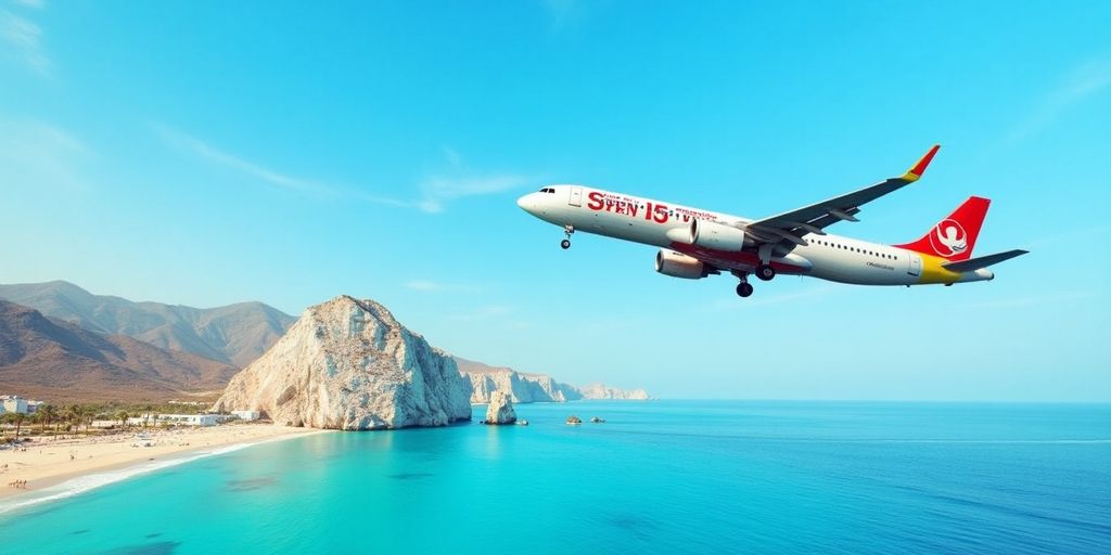 Airplane flying over Cabo San Lucas beach and ocean.