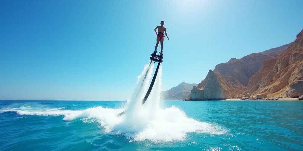 Person flyboarding over clear blue waters in Cabo.