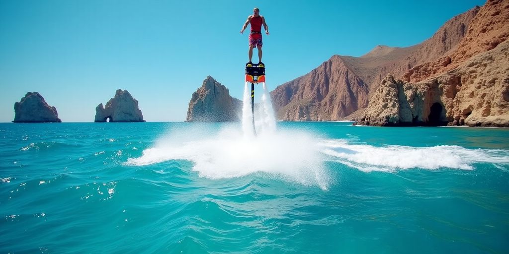 Person flyboarding over clear waters in Cabo San Lucas.