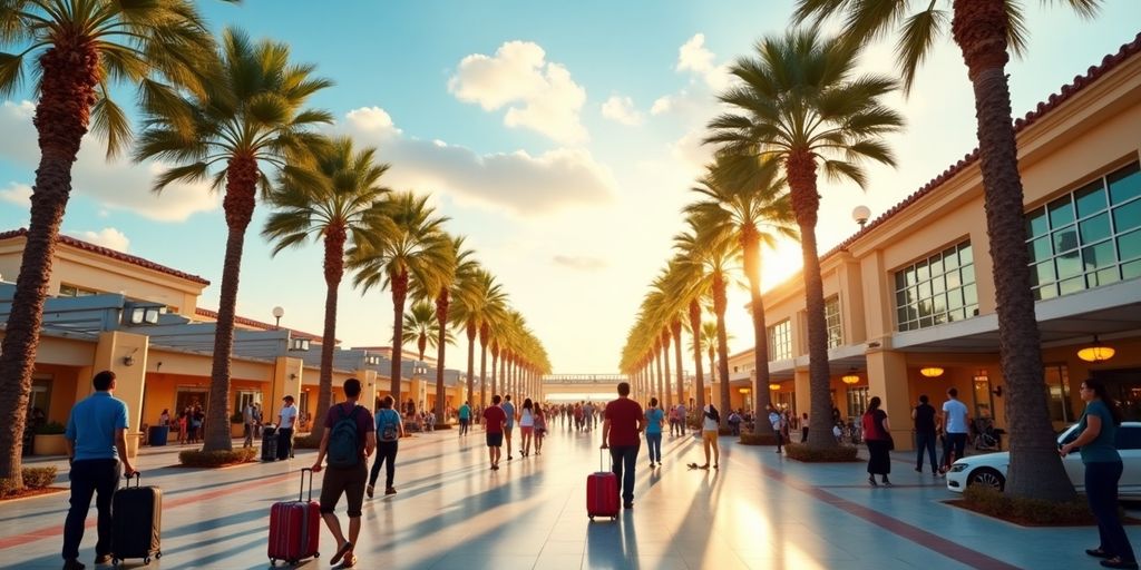 Busy Los Cabos Airport with travelers and palm trees.