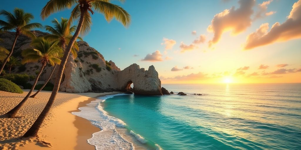 Cabo San Lucas beach with palm trees and sunset
