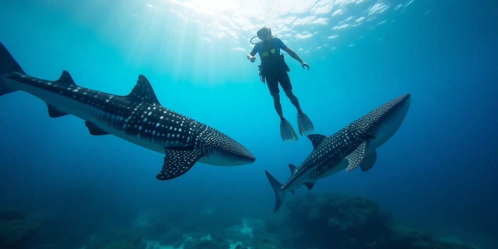 Diver swims with whale sharks in clear blue water.