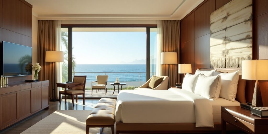 Luxurious hotel room with ocean view at Nobu Hotel.