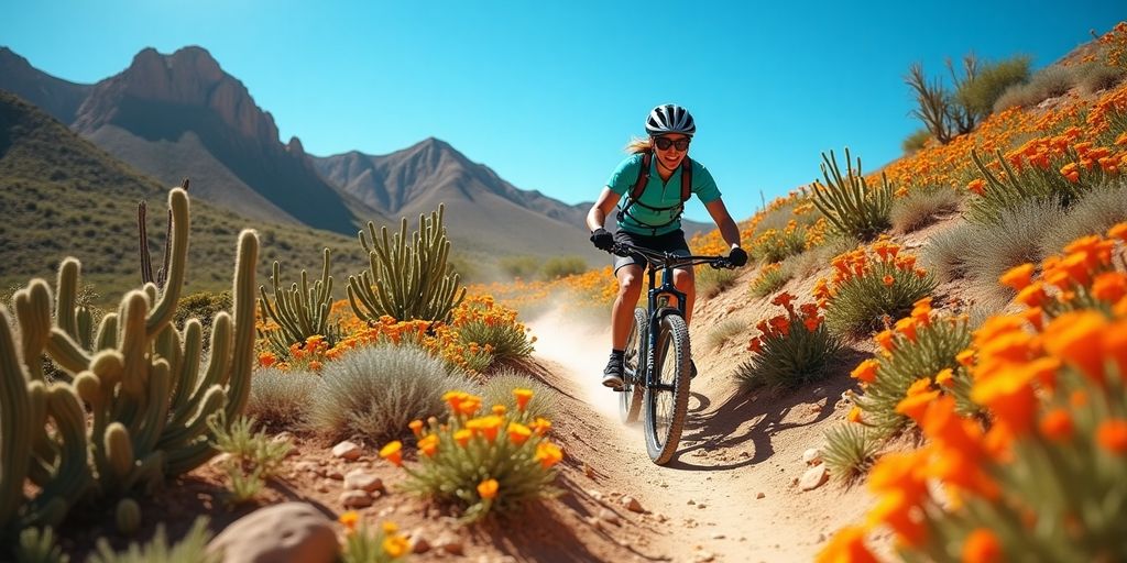 Mountain biker on a trail in Cabo, surrounded by nature.