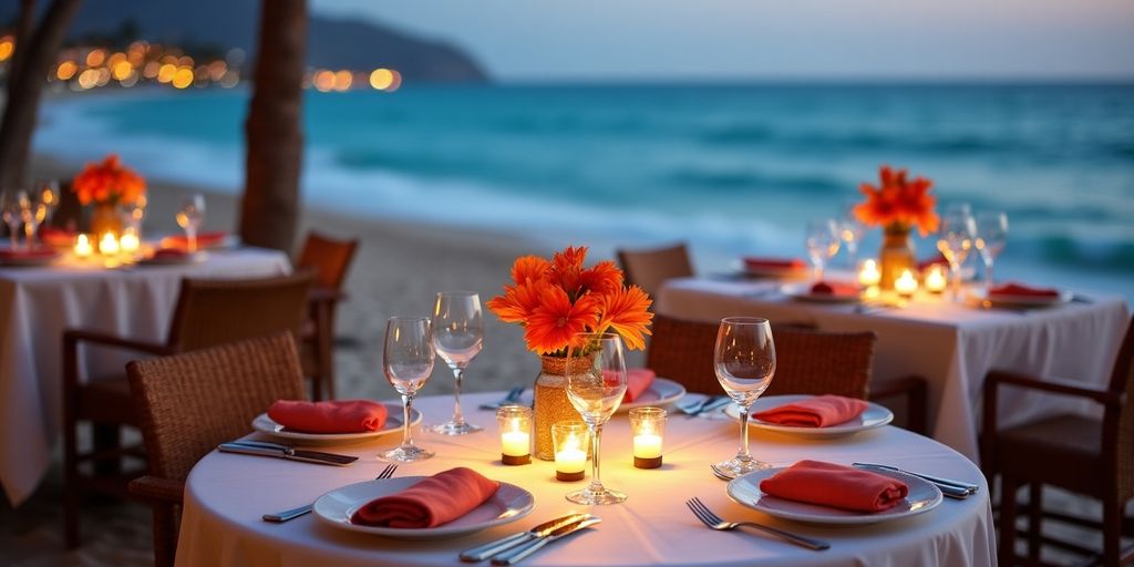 Elegant beachside dining setup at Sandos Los Cabos.