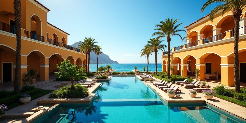 Luxurious resort with gardens, pool, and ocean view.