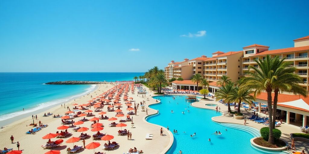 Beach scene at Riu Palace San Lucas resort with pools.