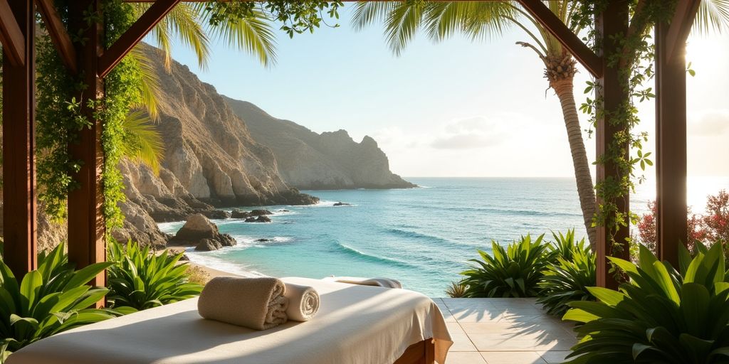 Outdoor spa with ocean view and palm trees.